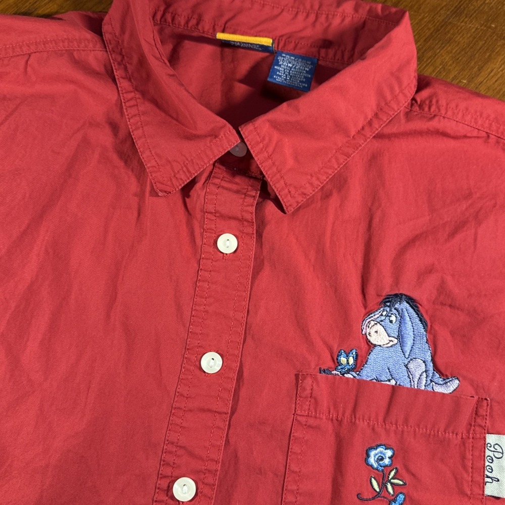 Pooh Eeyore Button Down Shirt Woman 26W/28W Red Excellent Embroidered‎ Cotton